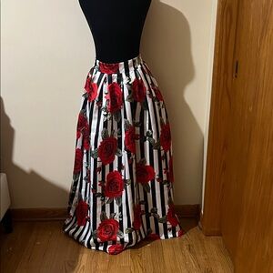 Elegant Black and White Striped Skirt with Red Roses